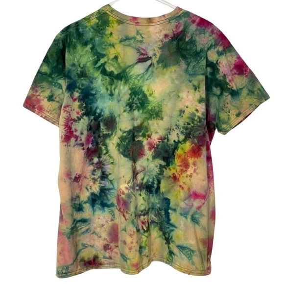 Handmade Tie Dye Tee T-Shirt Mens XL Unisex Scrunch Dye Green Pink Crewneck - Picture 2 of 8